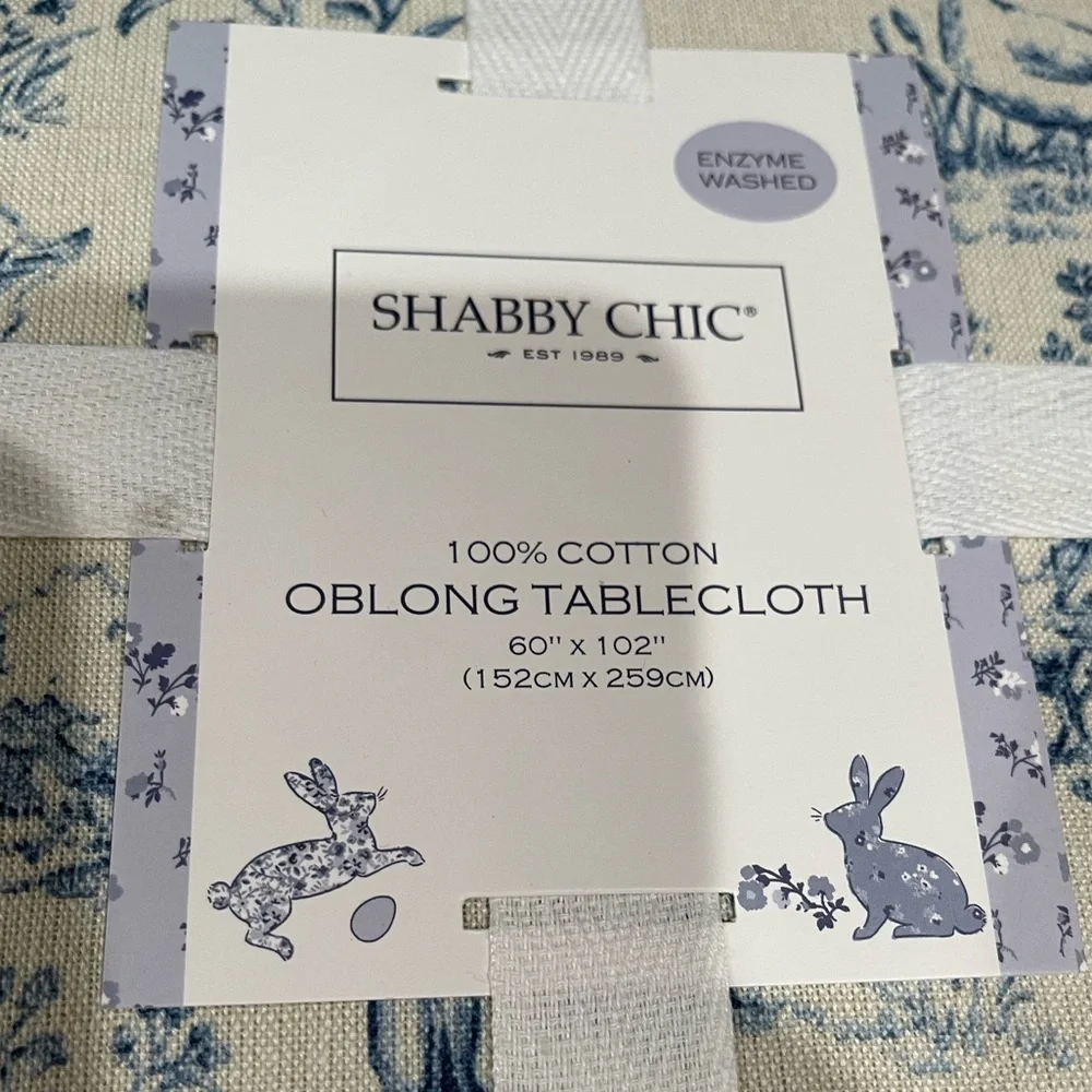 Shabby Chic Blue and Cream Rabbit Toile Oblong tablecloth 60”x102” New!